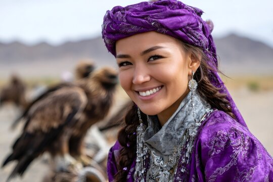 Kazakh eagle hunter woman smiling wearing traditional clothing
