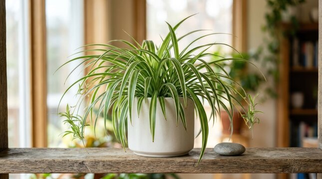 A Lush Green Spider Plant in a White Ceramic Pot on a Wooden Shelf.