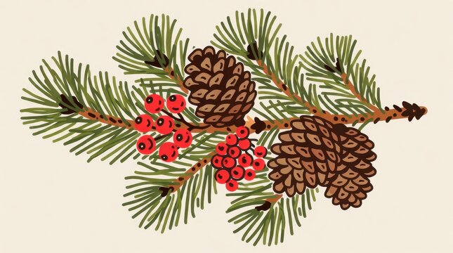 Christmas pine branch illustration with pinecones and red berries on a cream background