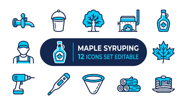 Maple Syrupery Icons: A set of twelve editable icons depicting the process of maple syrup production, from tapping trees to serving pancakes, showcasing essential tools and elements.