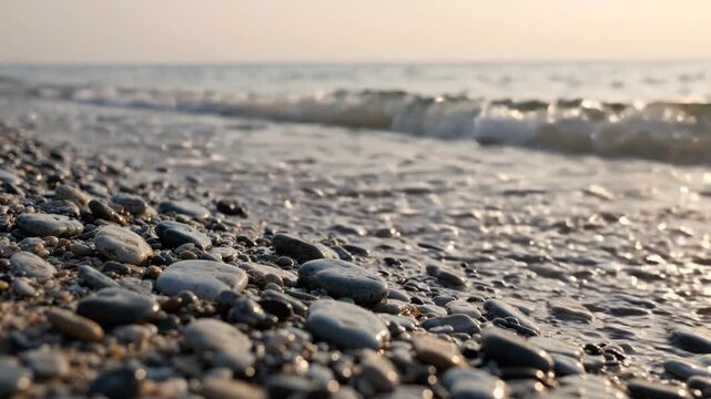 Close-up of a pebble beach with gentle waves lapping the shore at sunset