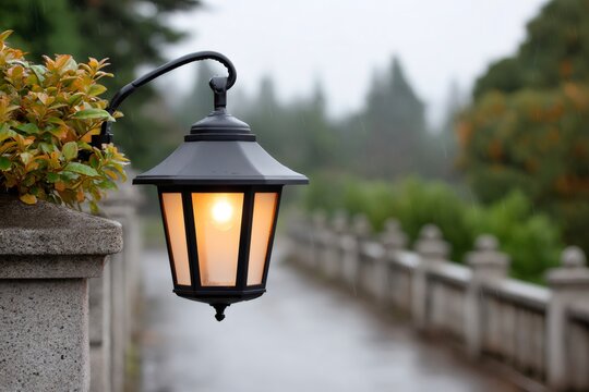 Glowing street lamp illuminating wet park bridge during rain