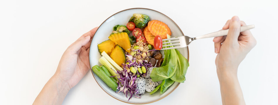 wellness lifestyles eat healthy food for good health concept, Close-up meal of vegan food have variety vegetable and raw freshness produce on the table.