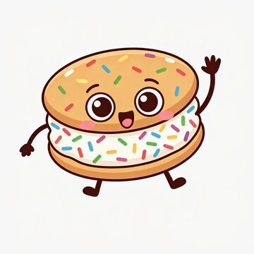 Cute kawaii ice cream sandwich character with colorful sprinkles smiling and waving vector illustration
