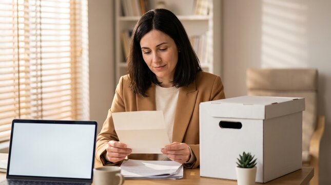 Young woman reading important document at desk in home office.