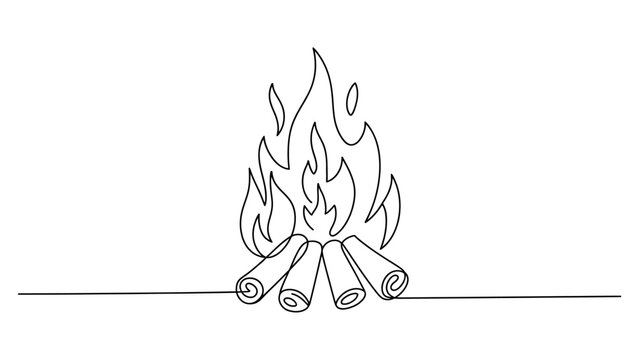 Continuous single line drawing of a campfire with burning logs and rising flames