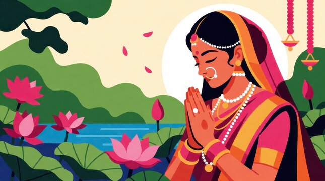 Indian woman in traditional saree performing namaste greeting with lotus flowers in background