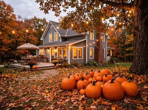 Cozy autumn house with pumpkins in front yard