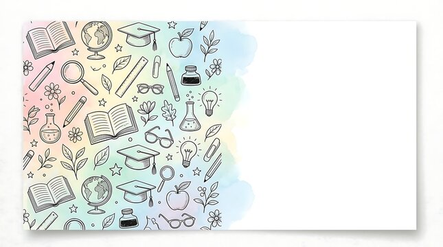 School supplies pattern with education icons on a watercolor background with a white copy space with over pastel watercolor drawn education theme