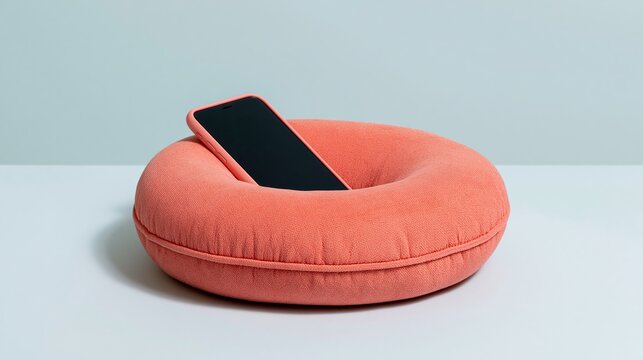Smartphone resting on coral donut pillow