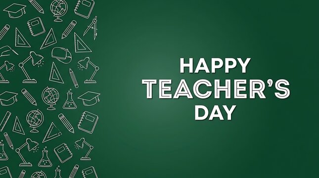 Happy teachers day greeting card with white line art school icons on a green background with school supplies education background border hand