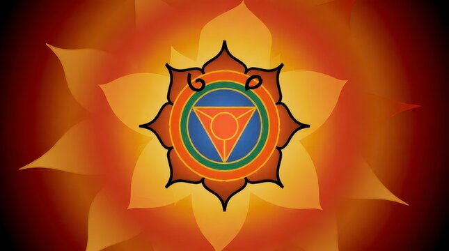 Manipura solar plexus chakra symbol with lotus petals on a warm glowing orange background