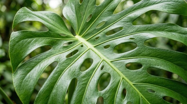 Closeup of a large green Monstera Deliciosa leaf with natural holes.