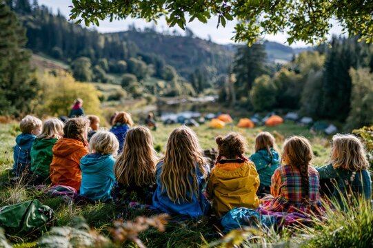Children learning outdoors watching a group campsite