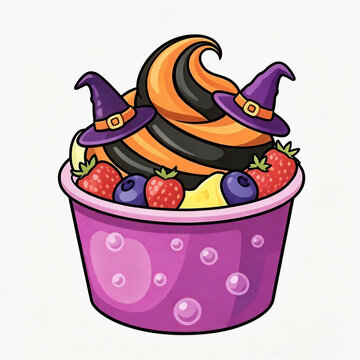 halloween frozen yogurt dessert cup with witch hat topping fruity berries colorful swirl ice cream vector illustration