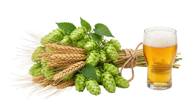 Hop cones and barley ears bundle isolated on white background for craft brewery Oktoberfest ingredient presentation