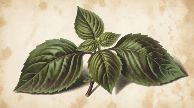 Vintage botanical illustration of a fresh basil herb sprig on aged textured parchment background