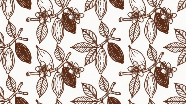 Seamless pattern of hand drawn cocoa pods and flowers on a white background for food packaging