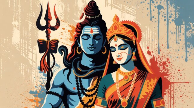 Maha Shivratri illustration of Lord Shiva and Goddess Parvati with trishul in artistic style