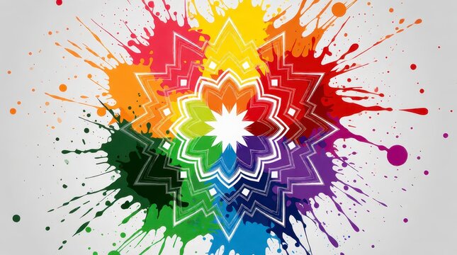 Holi festival mandala design with vibrant colorful paint splashes on a white background