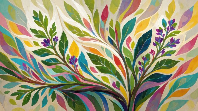 Abstract colorful floral botanical illustration with vibrant leaves and flowers for spring background