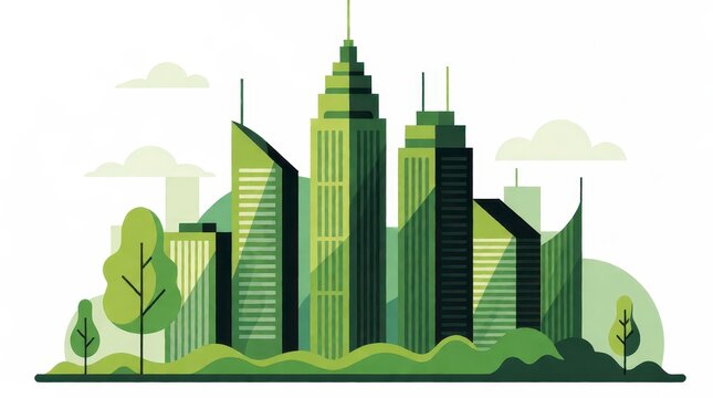 Green city skyline illustration representing sustainable urban development with copy space