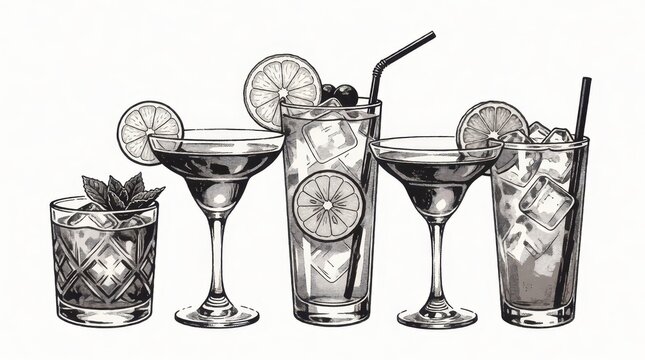 Hand drawn illustration of assorted cocktails and refreshing drinks on a white background
