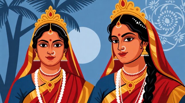 Karwa Chauth celebration illustration with two traditional Indian women in festive attire