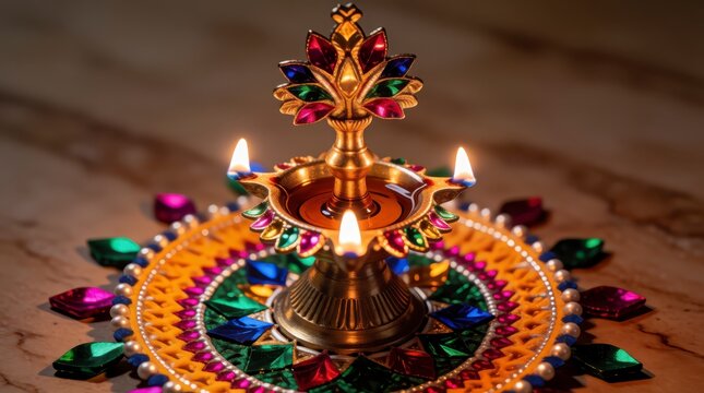 Diwali diya oil lamp with colorful crystals on a decorative rangoli pattern for festival celebration