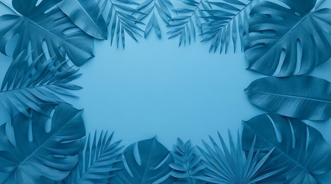 Assorted tropical leaves arranged in a frame on a solid blue surface background with arranged decorative oval tropical palm monstera