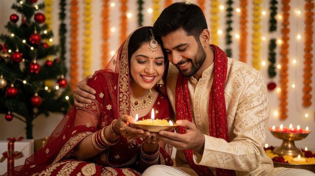 Diwali couple holding a lit diya lamp in traditional Indian clothing with festive holiday background