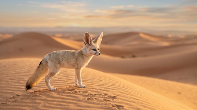 Fennec Fox Standing on a Sahara Desert Sand Dune at Sunrise