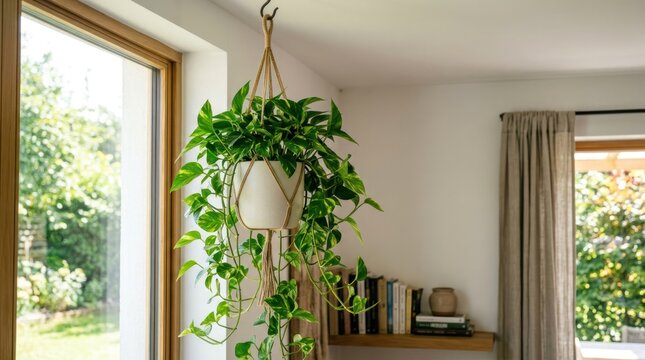 Lush Pothos Plant Hanging Indoors Near Window.