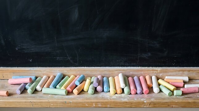A line of colorful chalk sticks arranged on a wooden ledge in front of a dark blackboard with chalkboard classroom setting blank black chalkboard