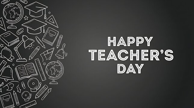Happy teachers day text with white hand drawn school supplies on a black chalkboard background with background next circular appears dark chalkboard