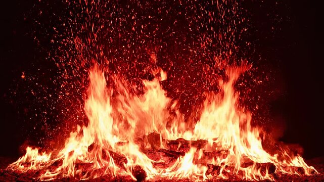 Fiery bonfire with glowing embers and sparks dancing in the night sky during a dark celebration