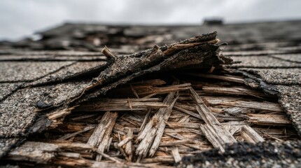 Fototapeta premium Wind torn roof shingles and splintered wood decking texture after severe storm damage