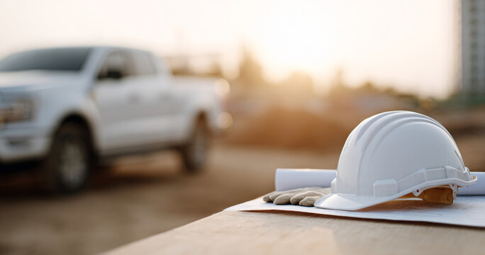 Construction helmet and gloves on site