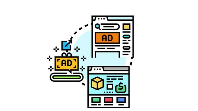 Online advertising promotion concepts showing various elements like internet browser windows, product advertisements, and digital marketing strategies for business growth