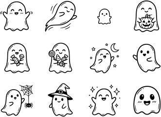 Fototapeta premium Cute Black and White Ghost Doodle Icon Sheet for Halloween