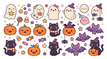 Obraz premium Whimsical Halloween vector art collection with cute spooky characters and festive candies for charming holiday decorations