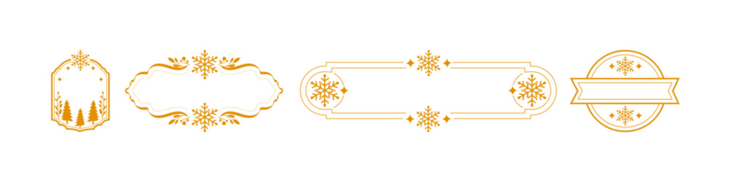 Set of Golden Winter and Christmas Decorative Frames, Badges, and Labels with Snowflakes  on a Transparent Background