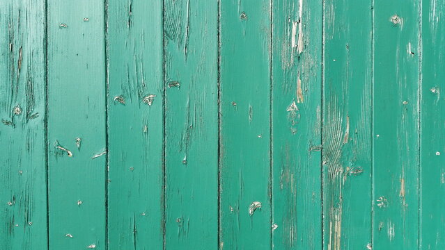 Rustic vertical wooden planks with cracked green paint and visible natural timber grain background