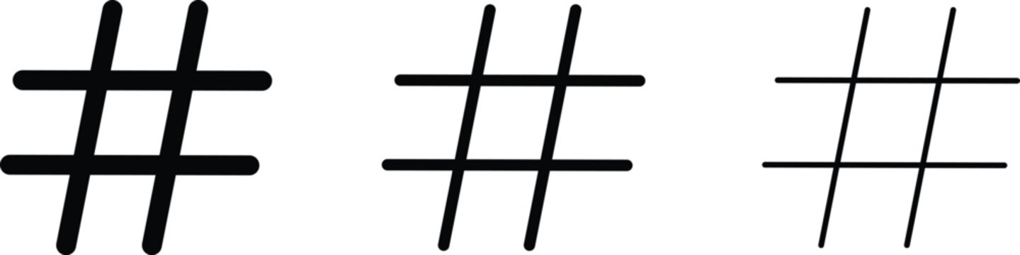 Hashtag icon set for social media topic tag on isolated transparent background, minimalist vector outline symbol for trending topic key, clean mobile application user interface element