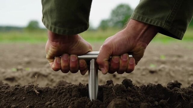 Farmer Pushing Soil Probe into Field Dirt for Quality Testing and Agronomy