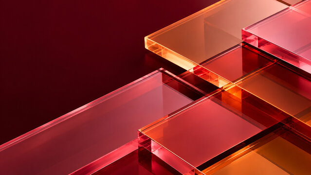 Abstract layered glass panels background. Transparent red, coral and orange rectangles with glowing edges on deep burgundy. Modern geometric illustration with reflections and copy space