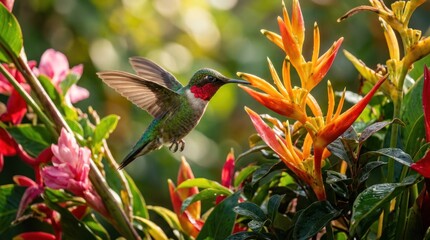 Obraz premium Ruby Throated Hummingbird Feeding on Vibrant Tropical Flowers in Lush Garden.