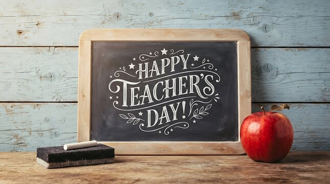 Chalkboard with happy teachers day written in white text next to red apple with lettering sits wooden black eraser against against blue wall