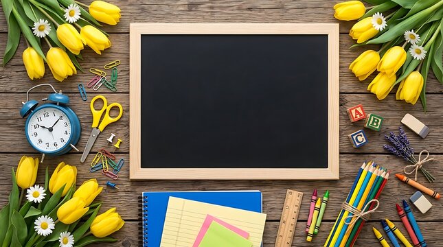 Blank chalkboard surrounded by yellow tulips and school supplies on a rustic wooden table surface with assorted office stationeries