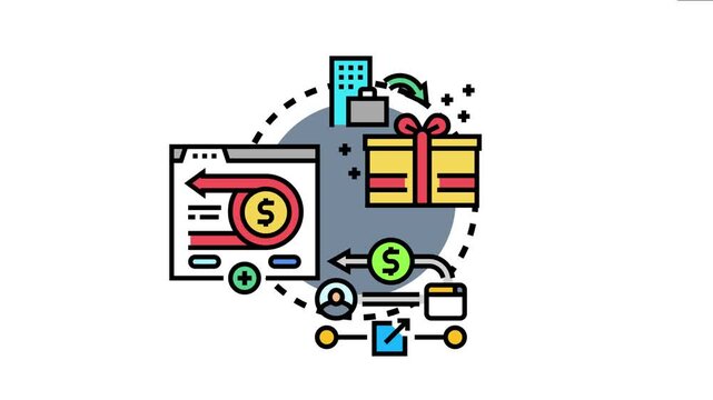 Loyalty program concept featuring a gift box, currency symbols, and web interface elements, the process of earning and redeeming benefits for repeat business visits